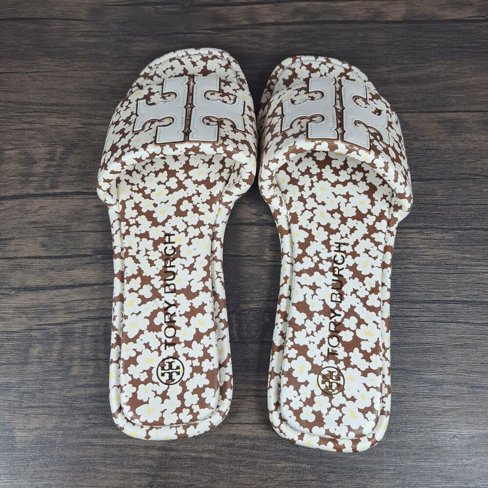 Tory Burch Double T Sport Slide Tumbled Leather Floral Print Women's Sz 9 (VGC) - Picture 6 of 8